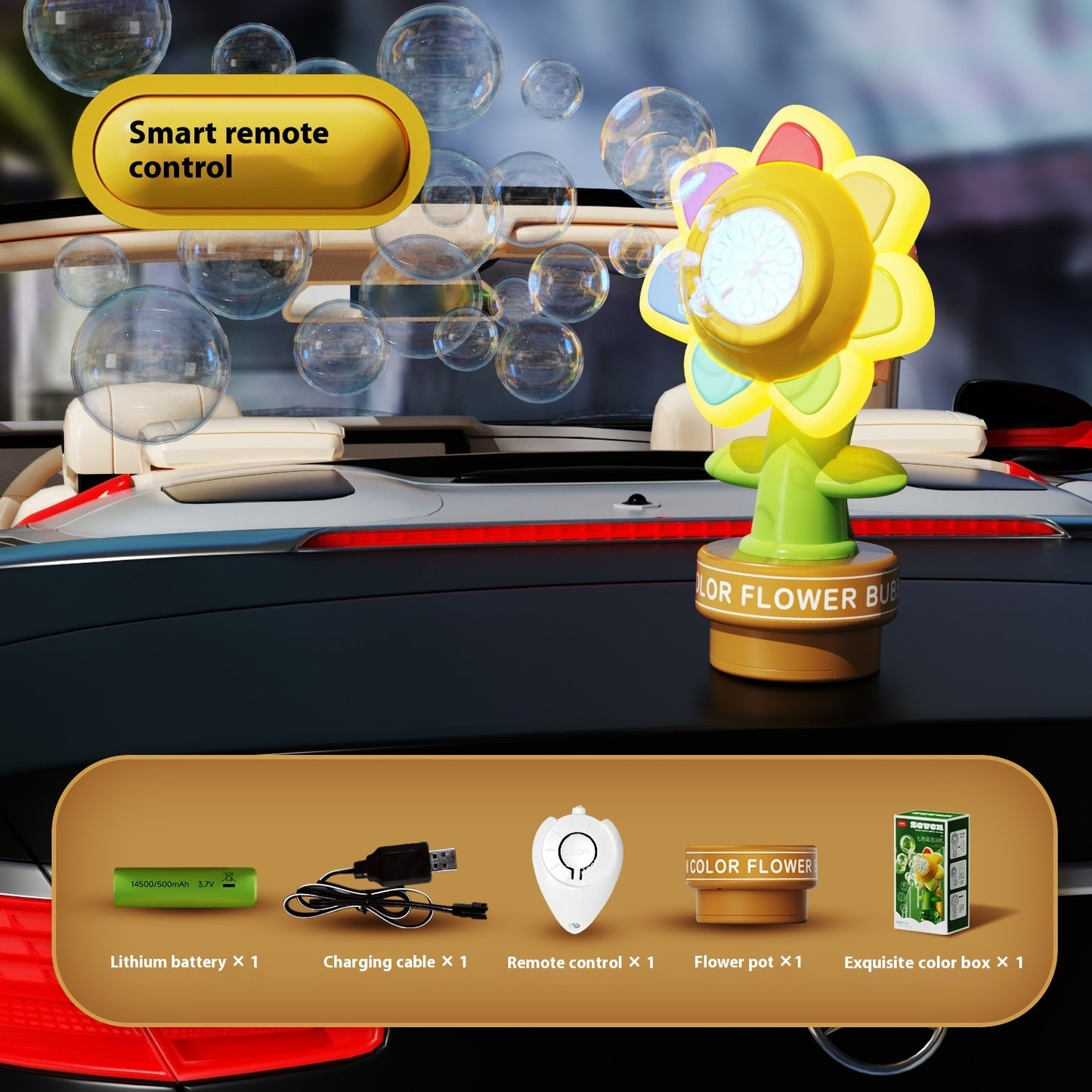Remote Control Car Seven-color Flower Sunflower Swing Head Handheld Colorful Light Bubble
